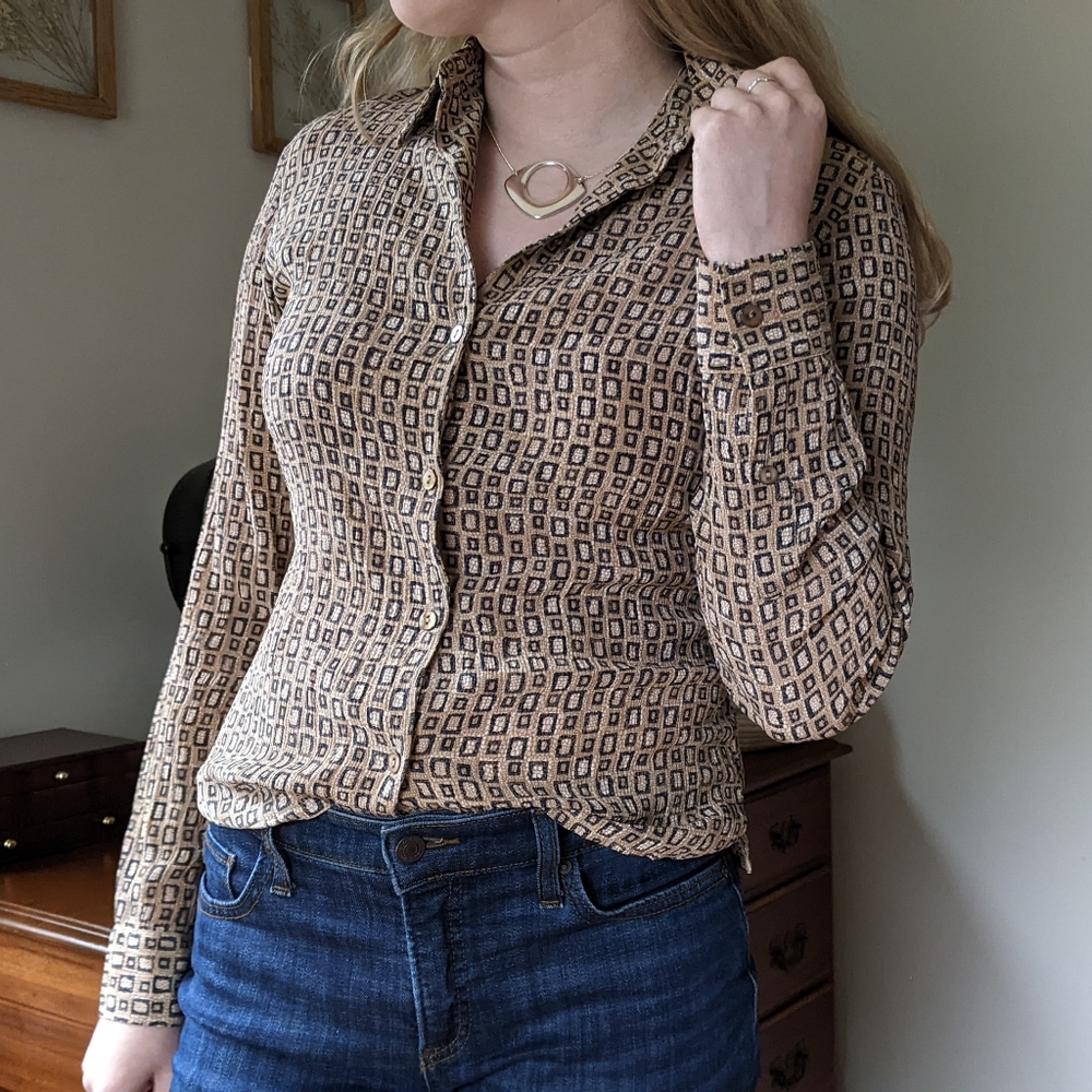Vintage Geometric Print Silk Blouse